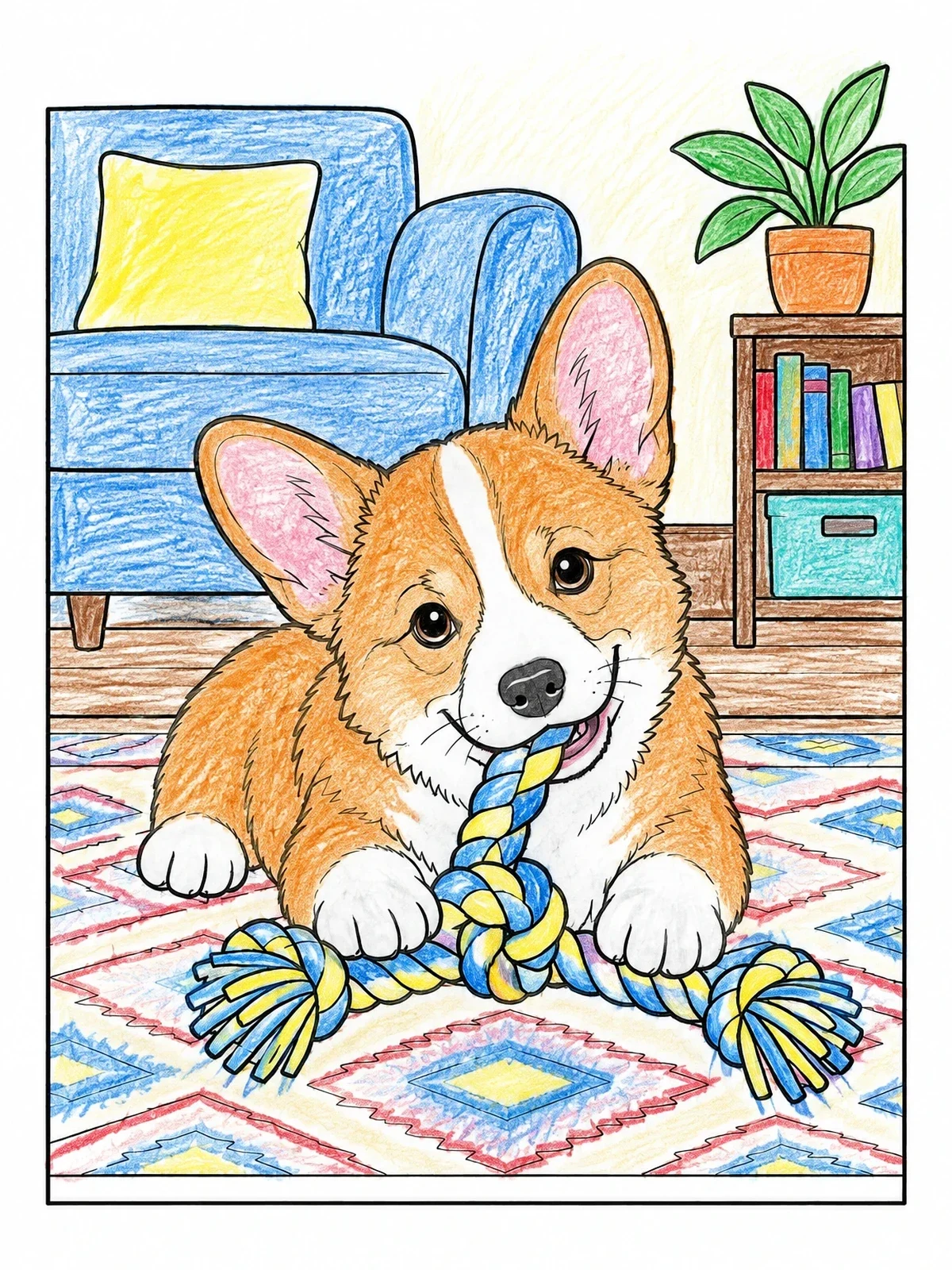 Colored example of the Playful Corgi Puppy With Rope Toy coloring page
