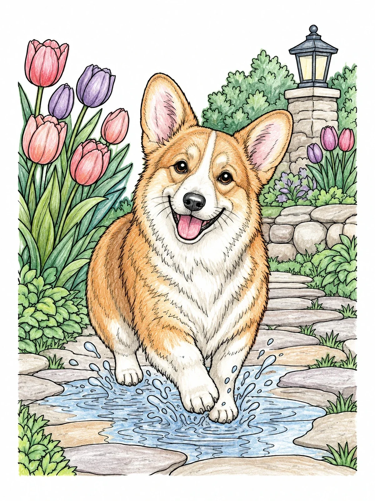 Colored example of the Playful Corgi Splashing In Spring Garden coloring page
