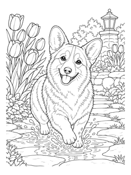 Free printable Playful Corgi Splashing In Spring Garden coloring page