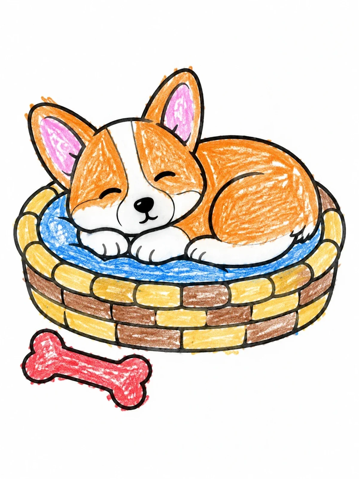 Colored example of the Sleeping Corgi Puppy In Basket coloring page