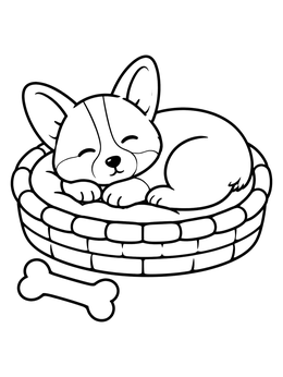 Free printable Sleeping Corgi Puppy In Basket coloring page