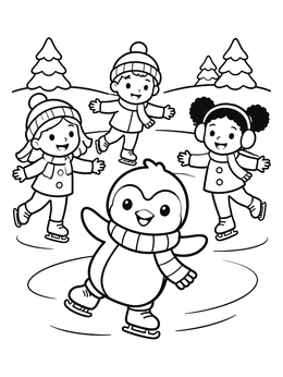 Free printable Penguin And Children Ice Skating coloring page