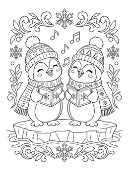 Two singing penguins in winter hats feature in this christmas carolers coloring page.