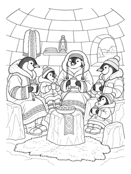 A sweet igloo coloring page showing a penguin family drinking warm cocoa together inside.