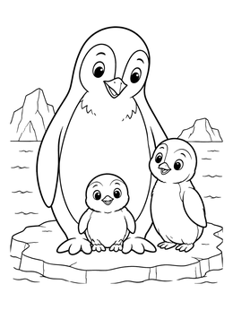 A parent and two chicks gather in this penguin coloring page set on an ice floe.