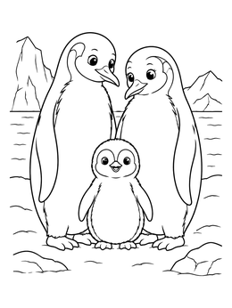 A penguin coloring page showing two parent penguins standing lovingly beside their cute chick on the ice.