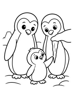 A sweet penguin coloring page with parents watching their chick discover an icicle.