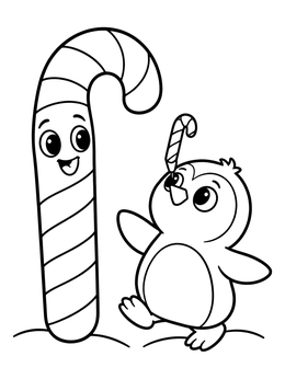 A cheerful penguin and treat on this candy cane coloring page.