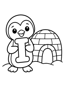 Free printable Cute Penguin With Letter I And Igloo coloring page