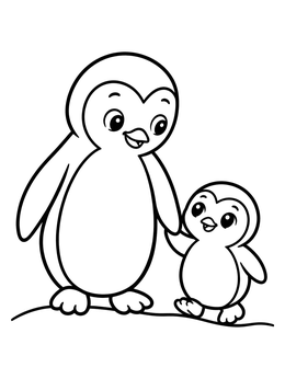 A sweet penguin coloring page with an adult penguin holding flippers with its chick on snow.