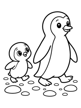 A cheerful baby penguin following its parent on pebbles in this penguin coloring page.