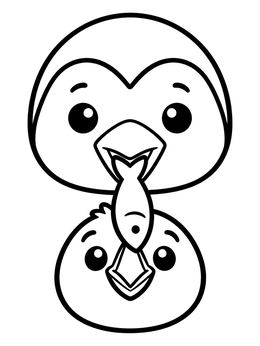 A cute penguin coloring page showing a parent sharing a small fish with its baby.