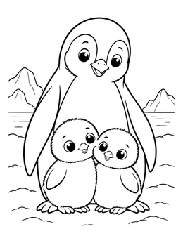 A cheerful penguin coloring page showing a penguin parent protecting two fluffy chicks.