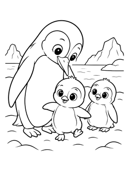 A parent and two chicks on this sweet penguin coloring page.