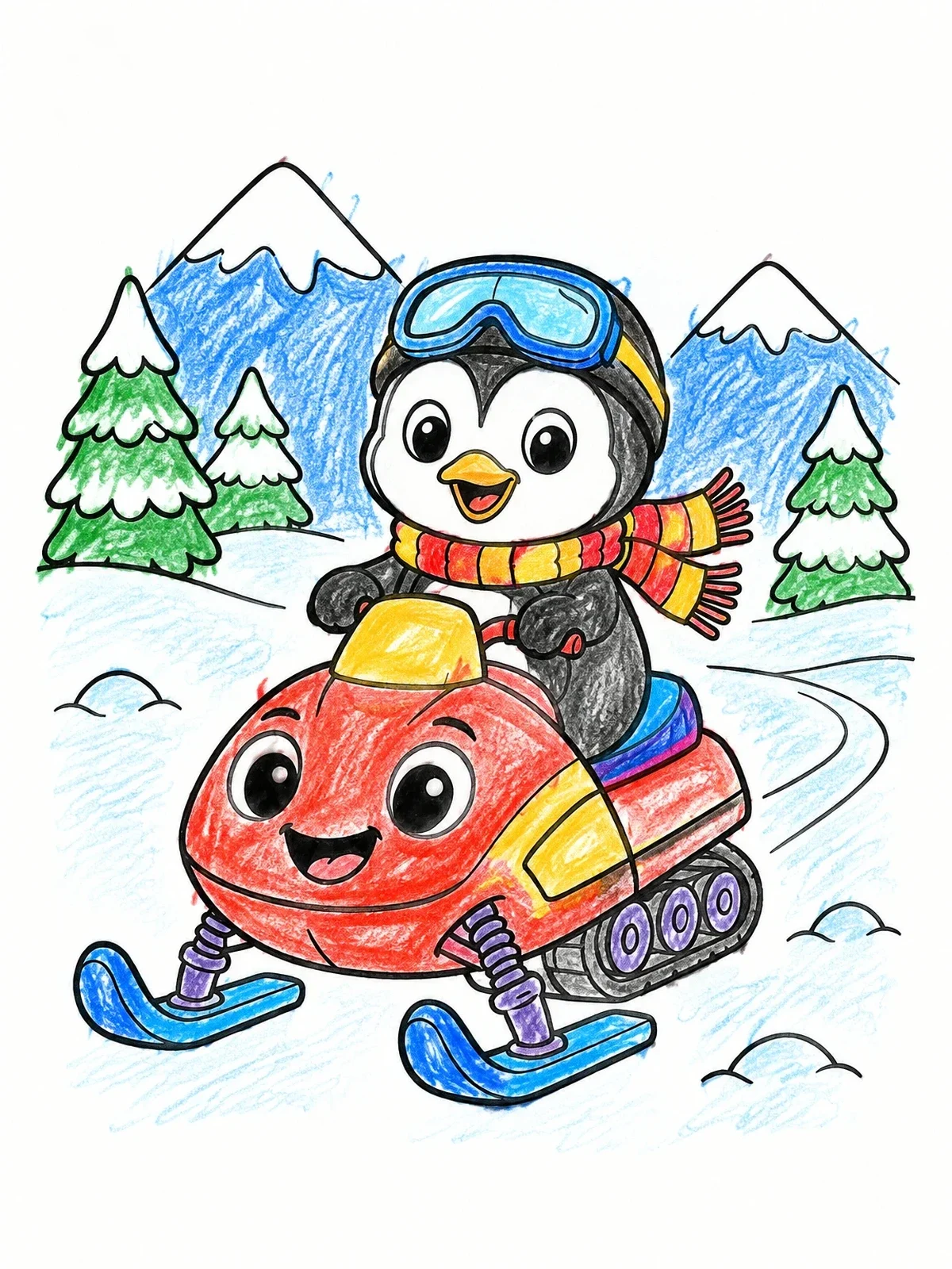 Colored example of the Penguin Riding A Friendly Snowmobile coloring page