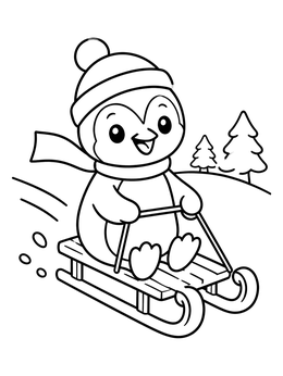A cheerful penguin coloring page showing a baby penguin sledding downhill in winter.