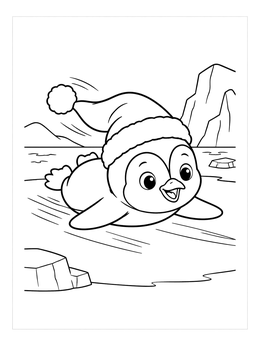Free printable Penguin Sliding In Santa Hat coloring page