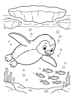 Free printable Penguin Swimming With Fish Underwater coloring page