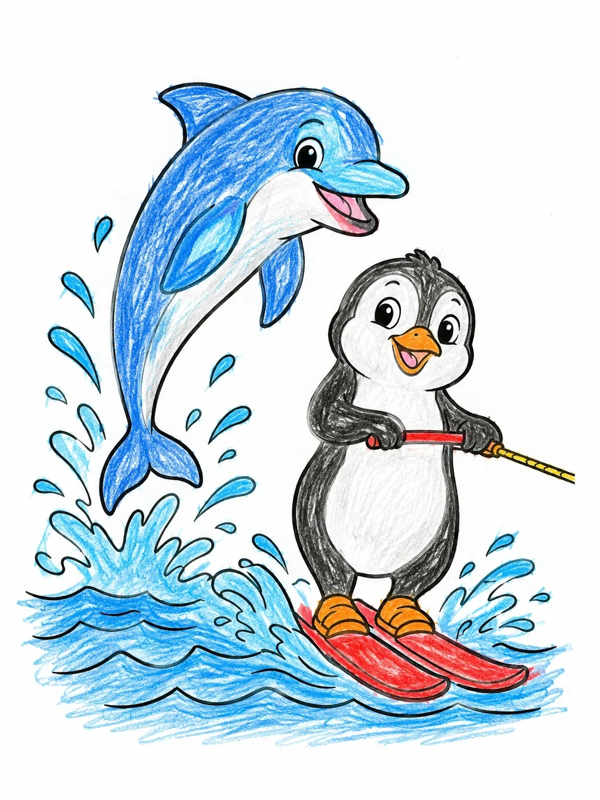 Colored example of the Penguin Water Skiing With Dolphin coloring page