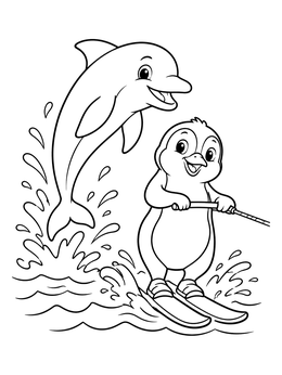 A cheerful penguin glides on skis in this water skiing coloring page alongside a jumping dolphin.