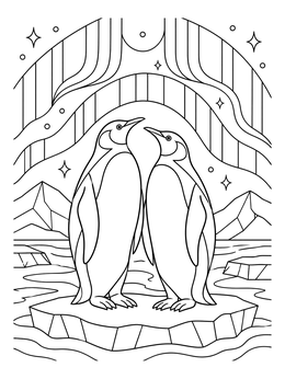 A pair of penguins on an ice floe featured in this northern lights coloring page under starry skies.