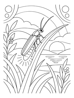 A glowing firefly rests on grass in this pennsylvania state coloring page with a sunset background.