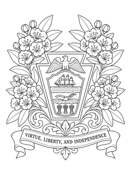 A detailed pennsylvania state coloring page featuring the keystone coat of arms and mountain laurel flowers.