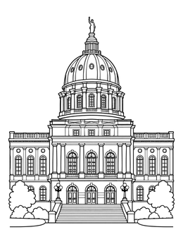 A detailed pennsylvania state coloring page displaying the historic Harrisburg Capitol building.
