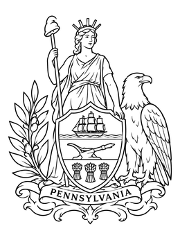 Detailed pennsylvania state coloring page with Lady Liberty, a bald eagle, and the official shield.