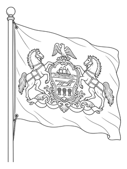 A pennsylvania state coloring page displaying the official flag with horses and coat of arms on a flagpole.
