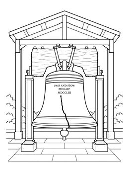 Historic Liberty Bell with its crack in a pavilion on this pennsylvania state coloring page.