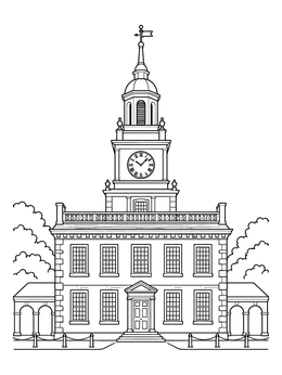 A detailed pennsylvania state coloring page featuring historic Independence Hall and its clock tower.