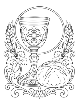 A decorative pentecost sunday coloring page featuring an ornate communion chalice, bread, wheat, and vine leaves.