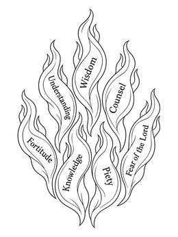 Flames with biblical gifts on this pentecost sunday coloring page.
