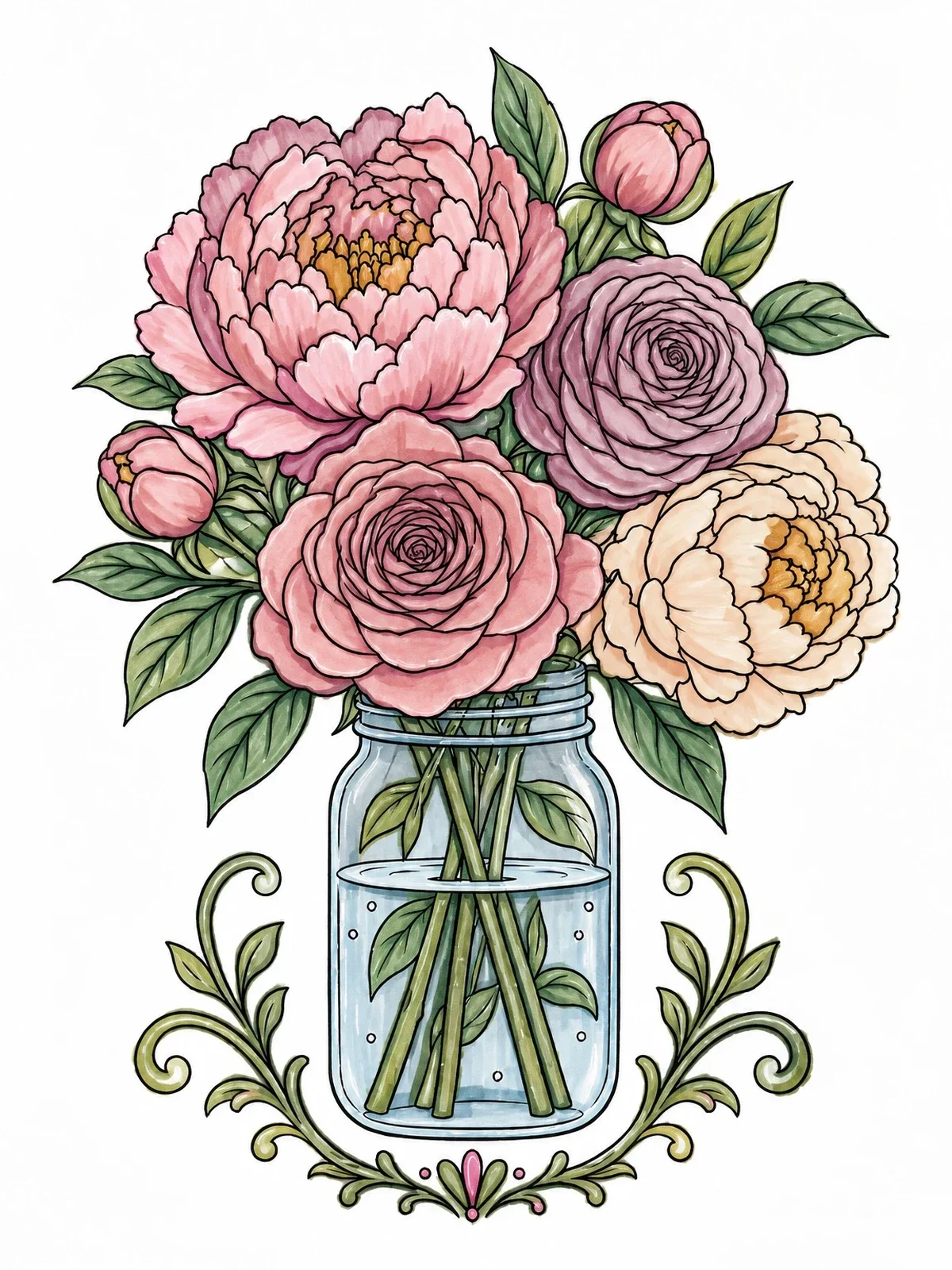 Colored example of the Peonies And Roses In Mason Jar coloring page