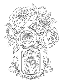 A mason jar coloring page featuring lush blooming peonies and roses in water.