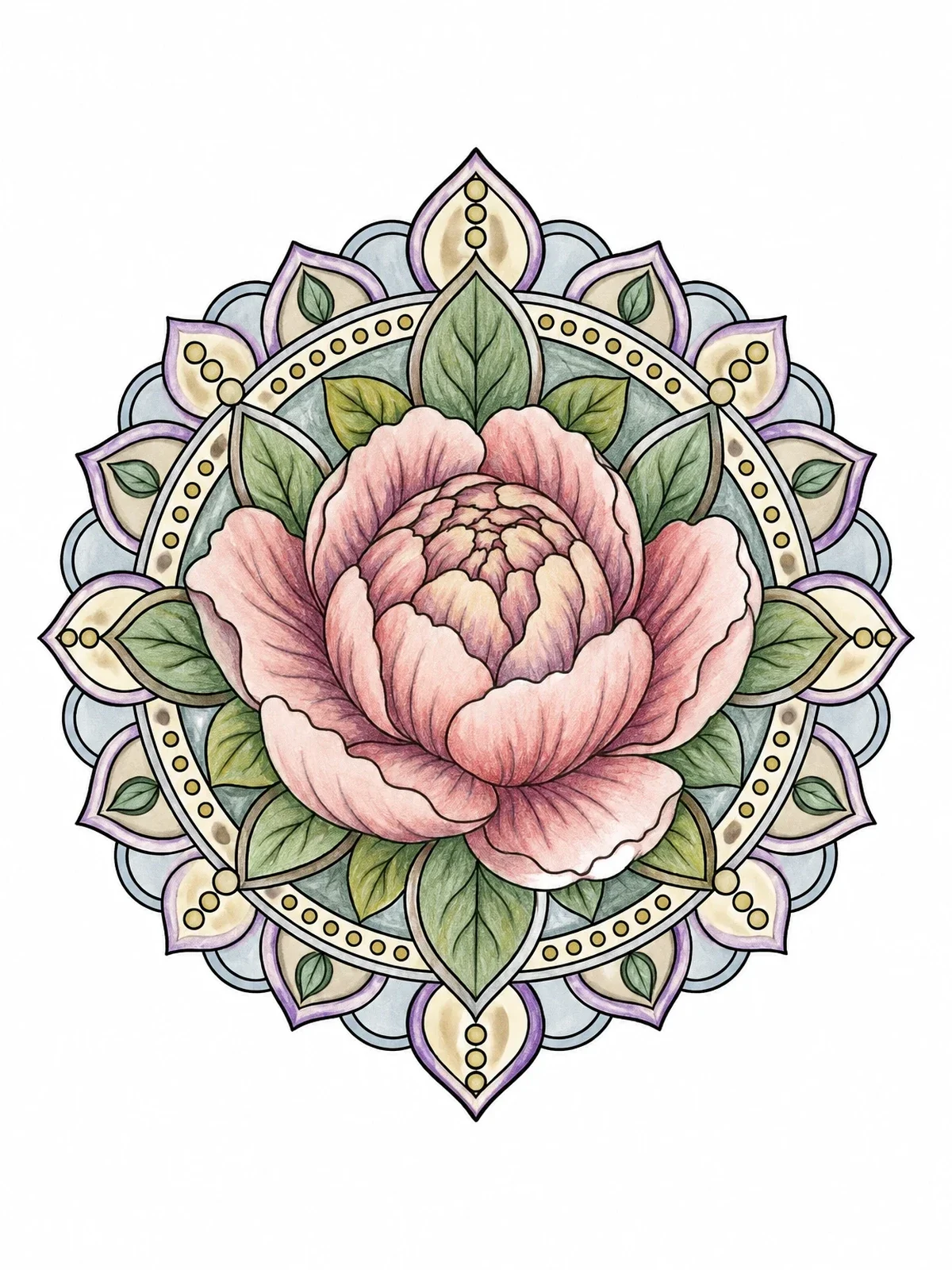 Colored example of the Peony Bloom Mandala Pattern coloring page