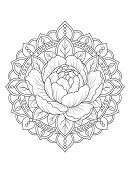 Intricate peony coloring page centered inside an ornate circular mandala design.