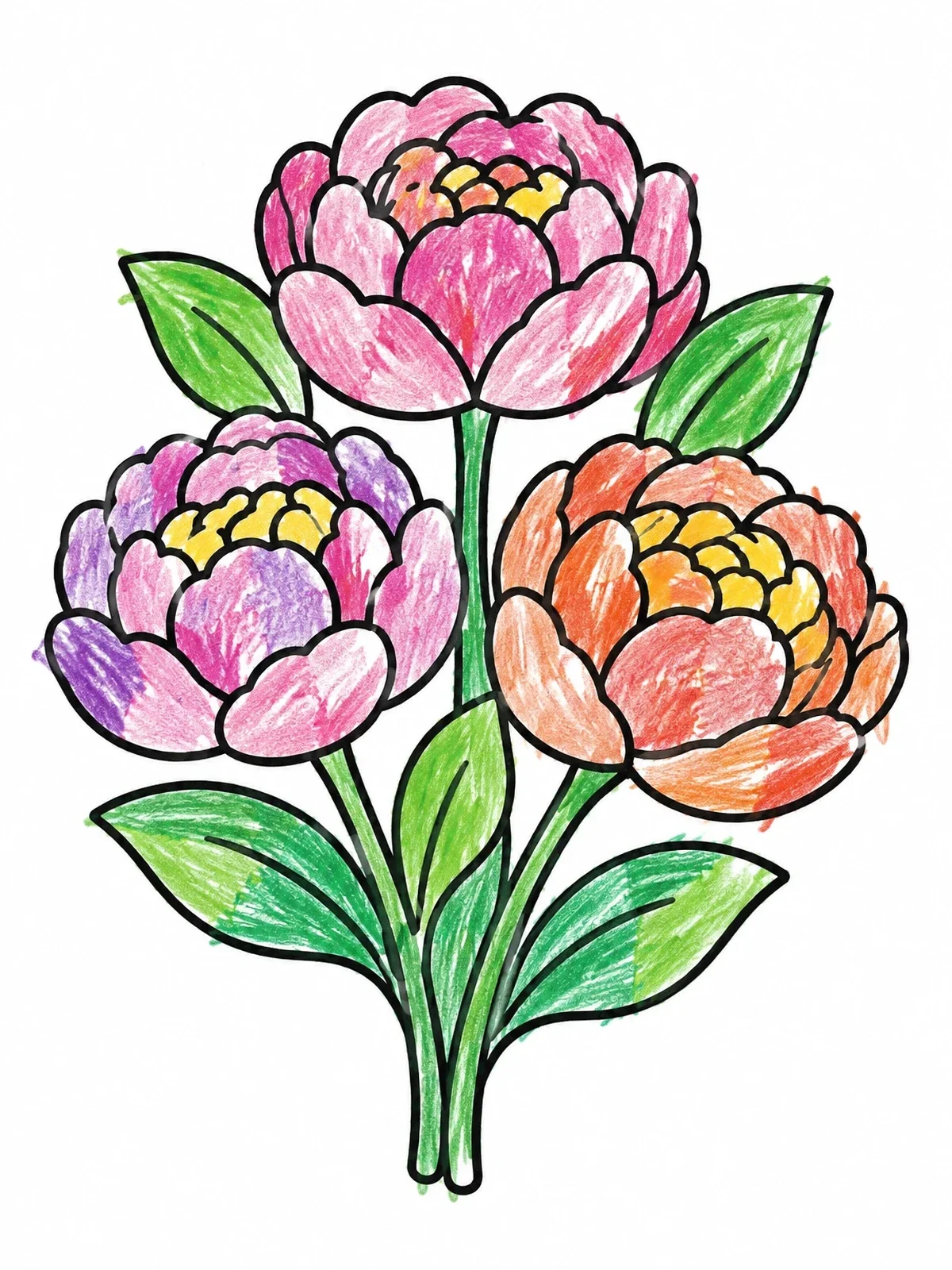 Colored example of the Trio Of Blooming Peony Flowers coloring page