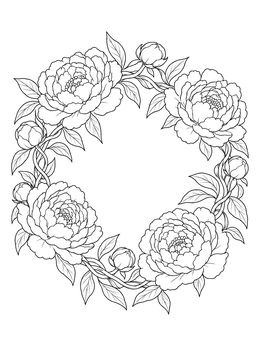 A detailed peony coloring page featuring a circular wreath with lush blooms and buds.
