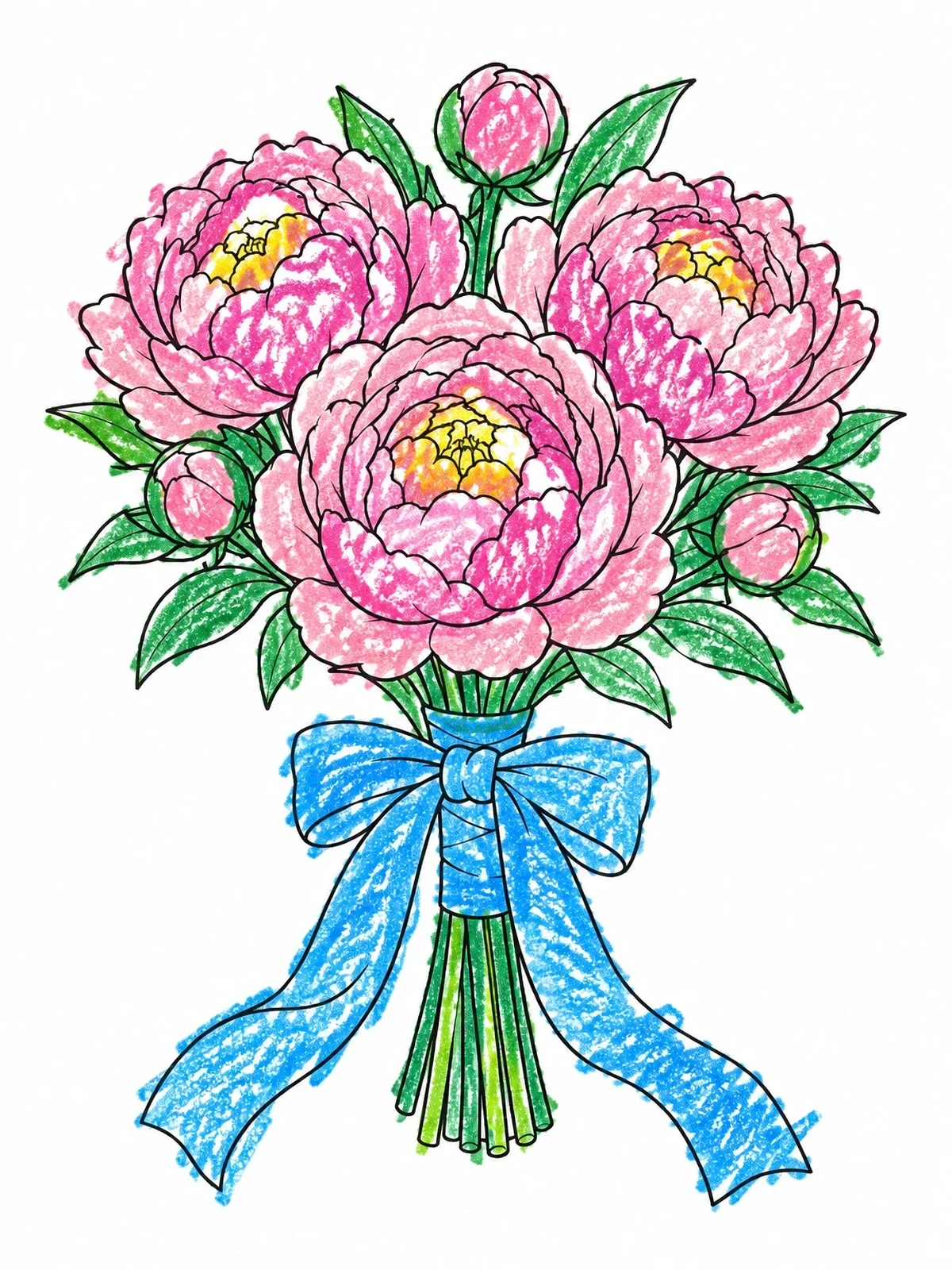 Colored example of the Peony Bouquet With Ribbon coloring page