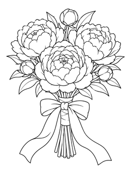 A bridal peony coloring page with blooming flowers, buds, and a bow ribbon.