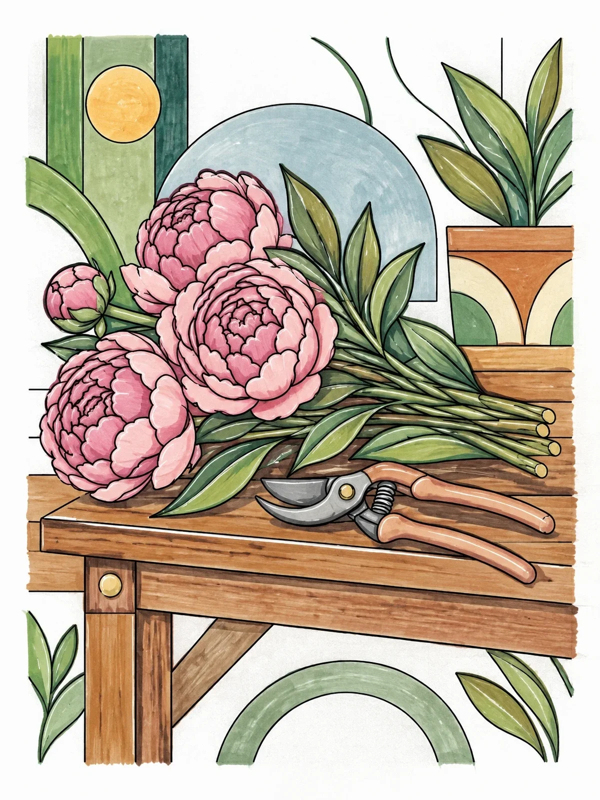 Colored example of the Cut Peonies On Gardening Bench coloring page