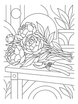 Detailed peony coloring page featuring cut blooms and garden shears on a wooden bench.