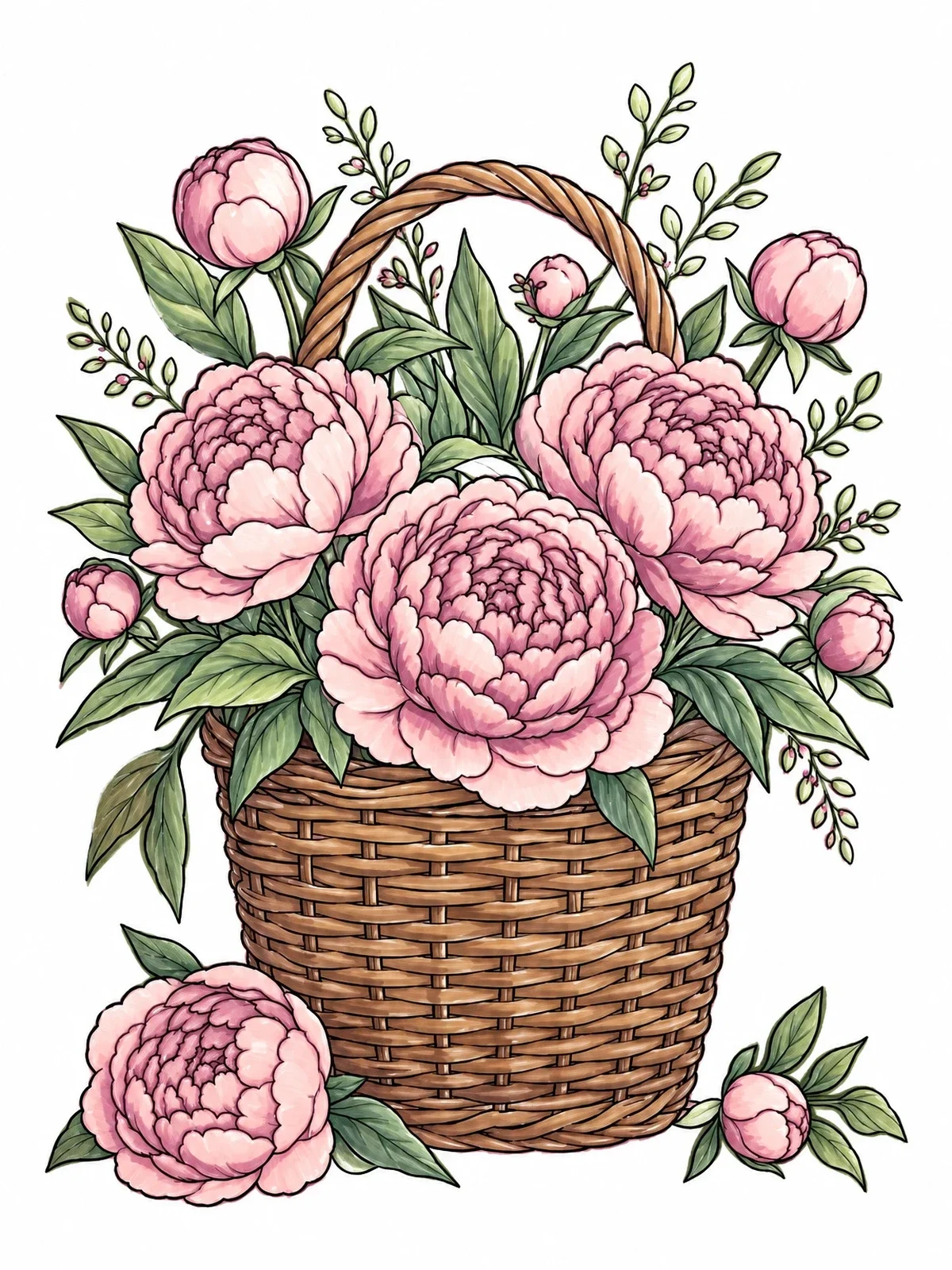 Colored example of the Peony Flowers In Woven Basket coloring page