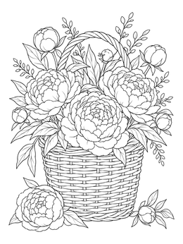 A realistic peony coloring page showing lush blooming peonies arranged inside a wicker basket.