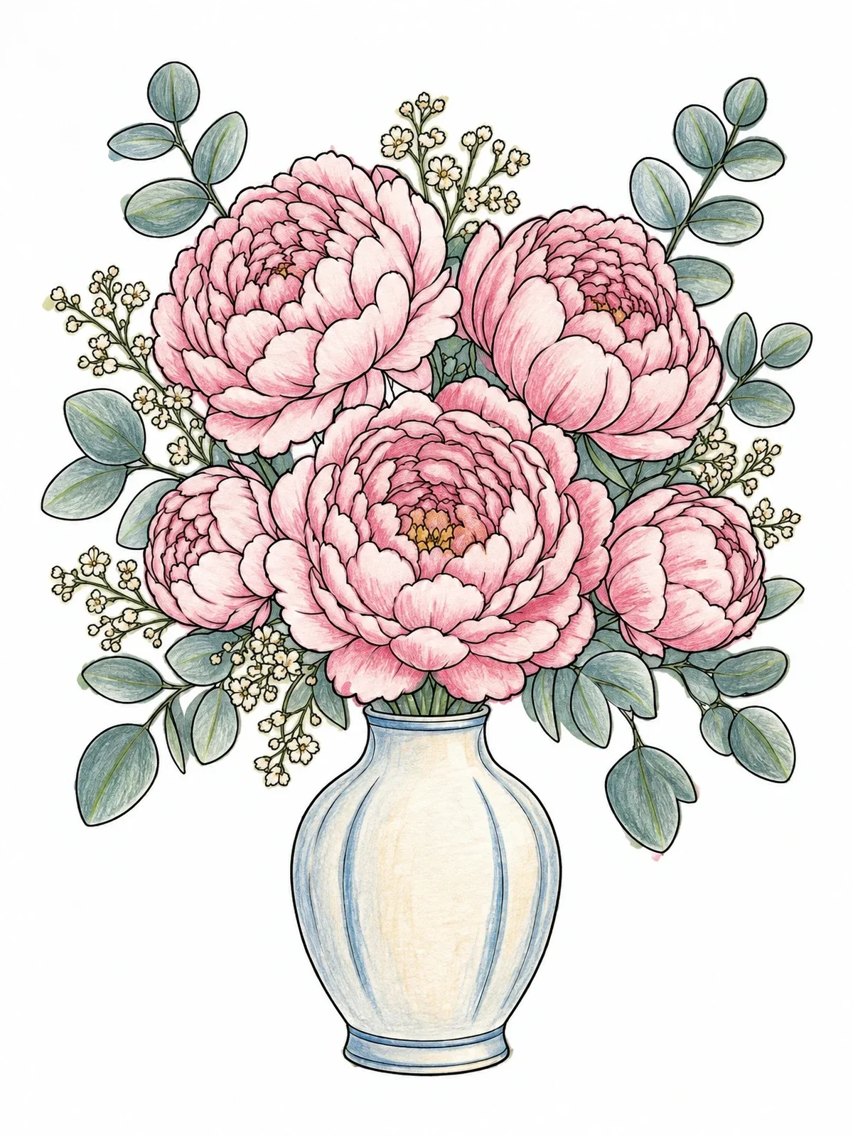 Colored example of the Peonies And Eucalyptus In A Vase coloring page