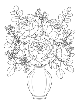 Full blooming bouquet with this peony coloring page arranged nicely in a ceramic vase.