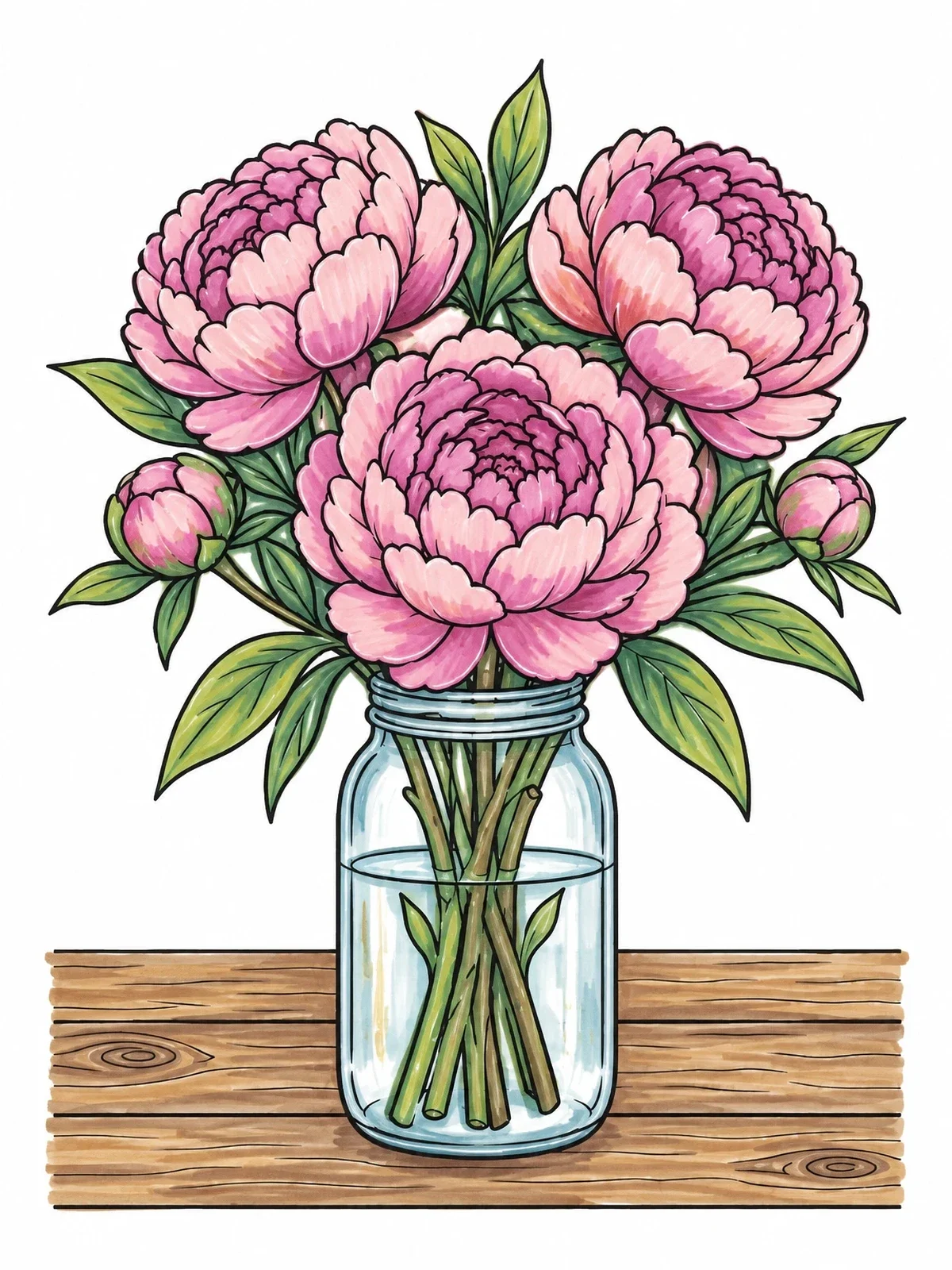 Colored example of the Peonies In A Glass Jar coloring page