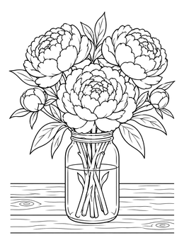 Full bouquet on this peony coloring page resting in a glass jar on a wooden table.